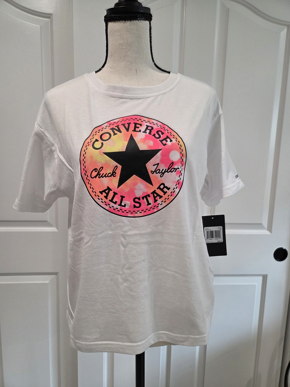 Converse Chuck Taylor All Star White Tee with Neon Tie-Dye Logo- Youth XL